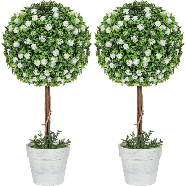 HOMCOM Set of 2 Decorative Artificial Plants, Ball Topiary Tree with Rose Flower in Pot, Fake Plants for Home Indoor Outdoor Decor, 60cm, White | Aosom Ireland