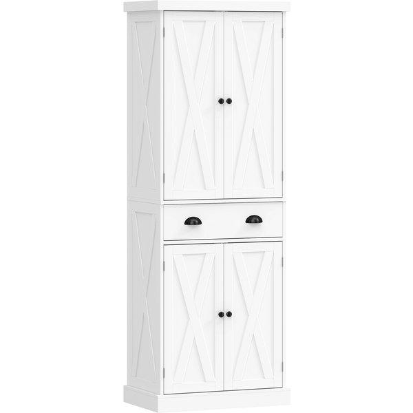 Homcom Buffet Haut Cuisine, Armoire De Cuisine Avec 4 Portes, Tiroir Et ÉTagèRes RéGlables, Style Rustique, 62X38X173Cm, Blanc-image