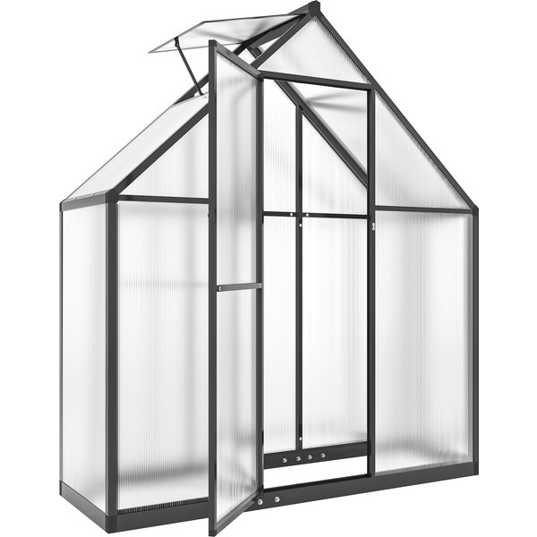 Outsunny Polycarbonate Greenhouse with Swing Door and Adjustable Window, Walk-in Greenhouse, 5.5 x 6.5ft, Black