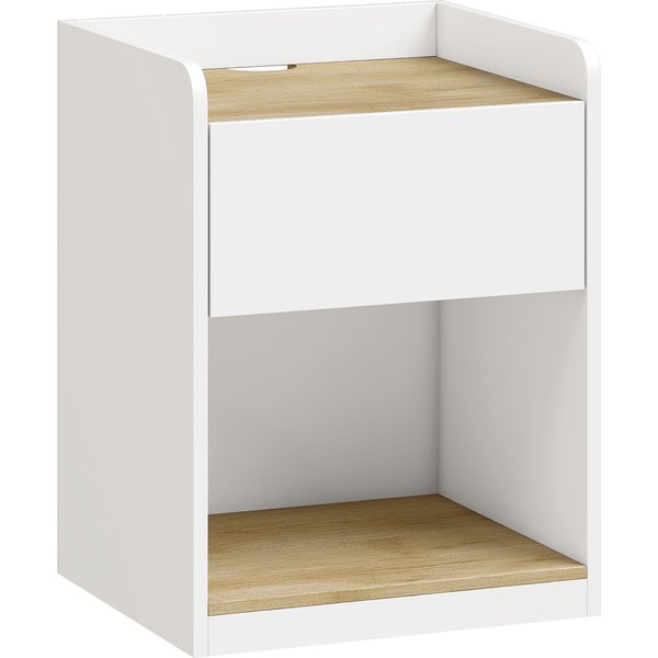 HOMCOM Moderner Nachttisch - Nachtkommode mit Schublade auf Unterflurführungen, Fach, Ablage, Kabelführung - Beistelltisch für Schlafzimmer, Wohnzimmer, 42 x 37 x 55 cm, Weiß und Eiche Aosom