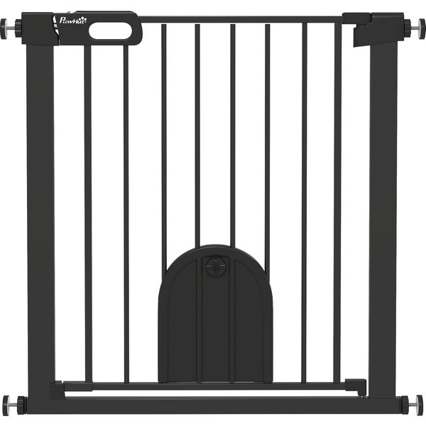 PawHut Dog Gate with Cat Flap Pet Safety Gate Barrier, Stair Pressure Fit, Auto Close, Double Locking, for Doorways, Hallways, 75-82 cm Black | Aosom Ireland