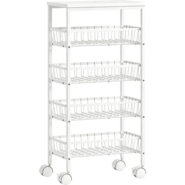 Homcom Chariot De Rangement à 4 Niveaux, Desserte à Roulettes Avec Paniers Amovibles, Cadre En MéTal, Blanc-image