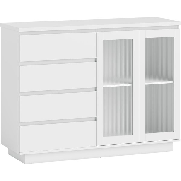 Homcom Buffet Salon, Meuble De Rangement Avec 4 Tiroirs Et 2 Portes En Verre Trempé, éTagèRe RéGlable, 120 X 40 X 91 Cm, Blanc-image