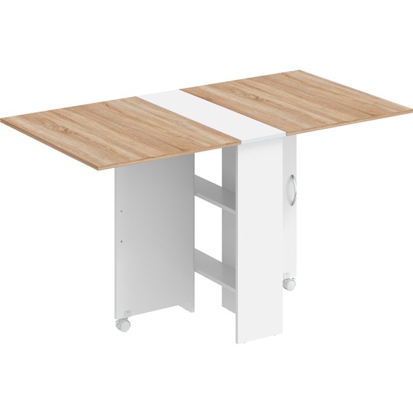 HOMCOM Folding Dining Table, Drop Leaf Table with 2-Tier Shelves, Rolling Casters, White and Natural