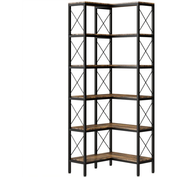 HOMCOM 5-Tier L-Shaped Bookshelf, Freestanding Corner Bookcase with Metal Frame, Rustic Brown