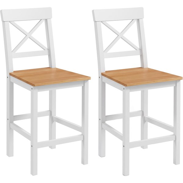 Homcom Lot De 2 Tabourets De Bar, Chaises Hautes Campagne, Dossier Haut Et Repose-Pieds, 41X46X97,5Cm, Blanc Et Bois Naturel-image