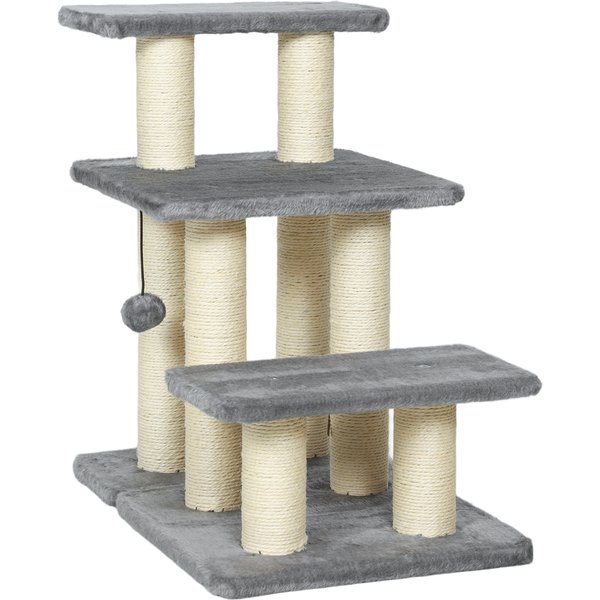 PawHut Hundetreppe 3 Stufen 54 cm Hoch Haustiertreppe für Kleine Hunde Katzentreppe Hunderampe mit Sisal Kratzbäumen, Spielball, Einstiegshilfe für Bett, Sofa, Couch und Auto Grau Aosom
