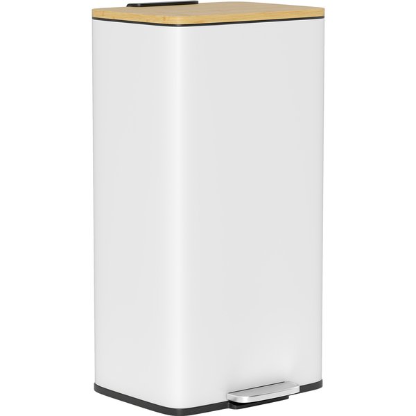 Homcom Poubelle De Cuisine 20L, Poubelle Avec PéDale, Couvercle En Bambou à Fermeture Douce, Seau IntéRieur Amovible, Blanc-image