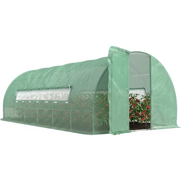 Outsunny Polytunnel Greenhouse with Metal Hinged Door, 25mm Diameter Galvanised Steel Frame & Mesh Windows (3 x 6M) Aosom UK