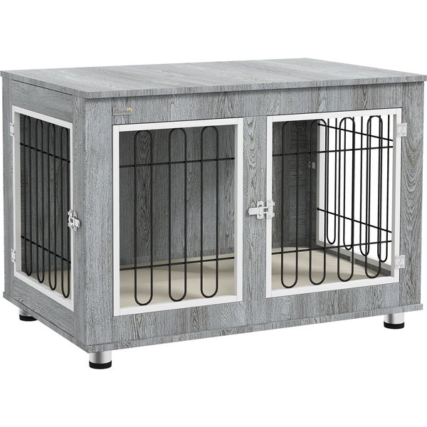 PawHut Cage Pour Chien Animaux Cage De Chien Sur Pied Avec Coussin Amovible Acier Aspect Bois 90 X 58 X 65 Cm Gris-image