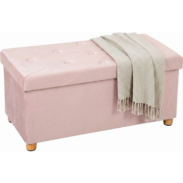 HOMCOM Velvet Upholstered Foldable Ottoman Footrest, Storage Ottoman Bench with Wood Legs for Living Room, Pink