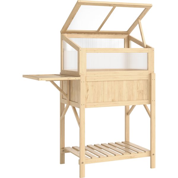 Outsunny Carré Potager Sur Pieds Avec Serre, JardinièRe SuréLevéE, Table LatéRale Pliante Et éTagèRe, 104X50X120Cm, Bois Naturel-image