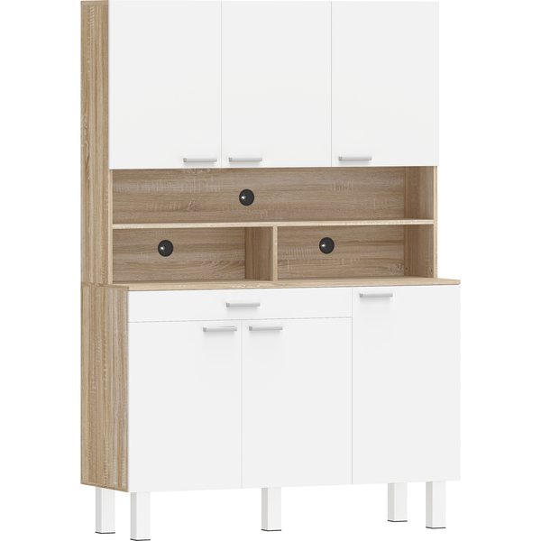 Homcom Buffet Haut Cuisine, Armoire De Cuisine, 6 Portes, Tiroir Et éTagèRes Ouvertes, 120X40X175Cm, Blanc Et Bois Naturel-image