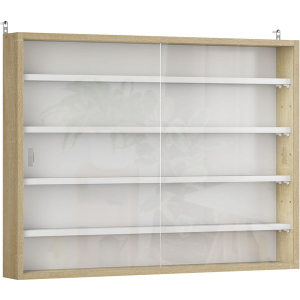 HOMCOM 5-Tier Wall Display Shelf Unit Cabinet w/ 4 Adjustable Shelves Glass Doors Home Office Ornaments 60x80cm Natural Aosom UK