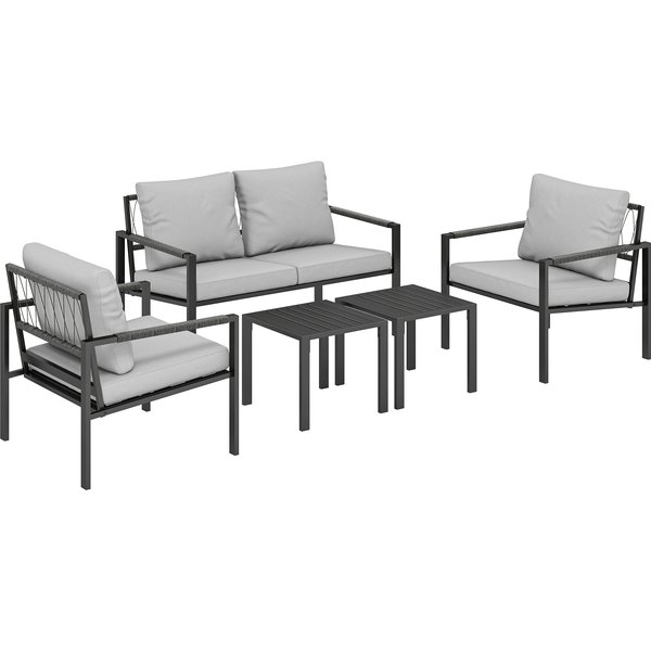Outsunny 5 Piece Metal Garden Furniture Sofa Set with Thickened Cushions, Loveseat, 2 Armchairs, 2 Coffee Tables, Light Grey