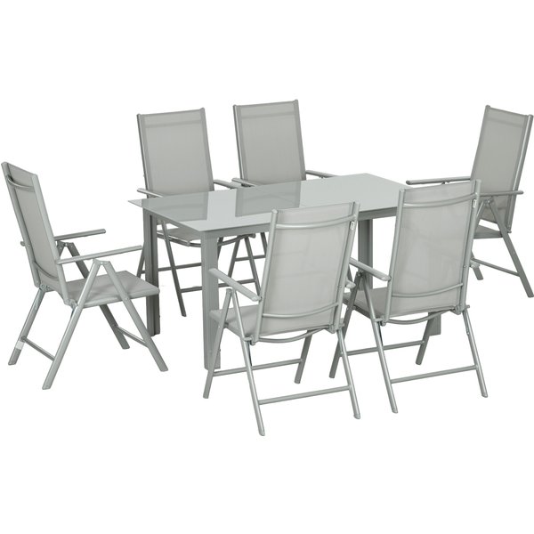 Outsunny 7 Piece Garden Dining Set, Outdoor Table and 6 Folding and Reclining Chairs, Aluminium Frame, Tempered Glass Top Table, Texteline Seats, Grey