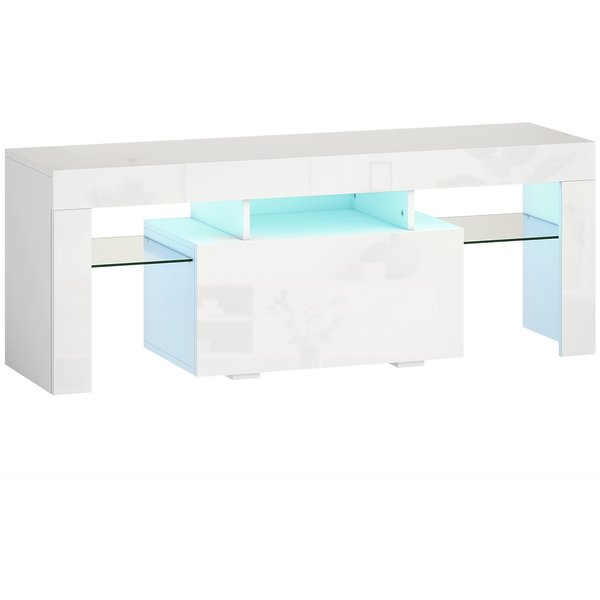 Homcom Meuble Tv, Meuble TéLé Avec éClairage Led Rgb, Haute Brillance, éTagèRes En Verre Trempé, 120X34X45Cm, Blanc-image