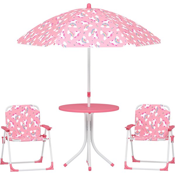 AIYAPLAY Kids Patio Table and Chair Set, Kids Garden Furniture with Umbrella, 4-Piece Bistro Set for Garden, Pink
