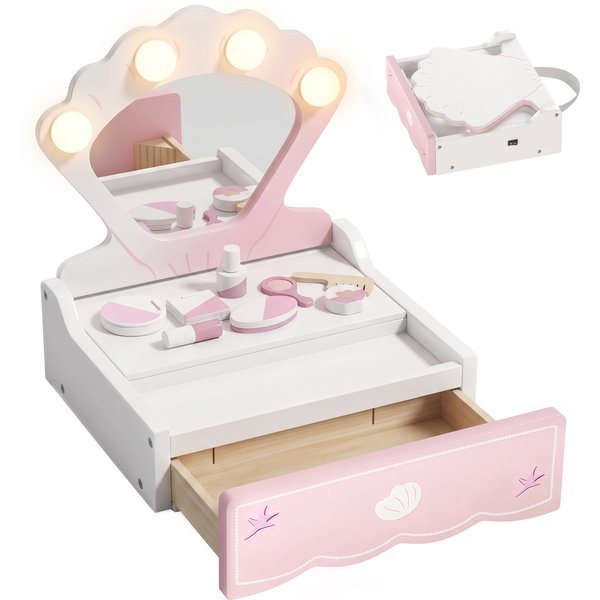 AIYAPLAY Kids Vanity Table, Portable Girls Dressing Table with Lights, Mirror, Drawer, Accessories, Gift for Girls 3-6 Years