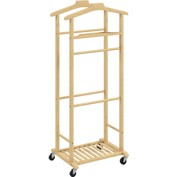 Homcom Portant à VêTements Sur Roulettes, Porte-Manteaux En Bambou, Double Cintre IntéGré, 47 X 33,7 X 105,5 Cm, Bois Naturel-image