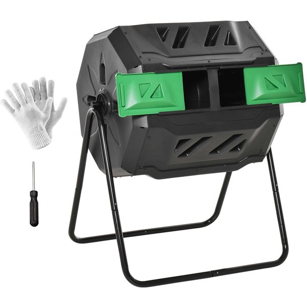Outsunny 160L Tumbling Compost Bin Outdoor Dual Chamber 360° Rotating Composter w/ Sliding Doors & Solid Steel Frame, Black