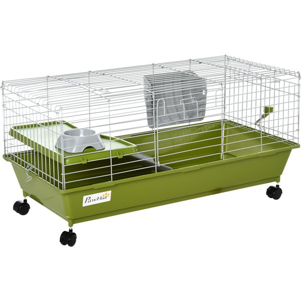 PawHut Kleintierkäfig, Nagerkäfig mit Rollen, Wasserflasche, Futternapf, Heuraufe, Plattform, Rampe, herausnehmbare Wanne, für Kaninchen und Meerschweinchen, 89x44x43 cm, Grün Aosom