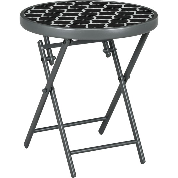 Outsunny Table Basse Pliante Table D'appoint Pliante Plateau En Verre Trempé Motifs Noirs Et Blancs En MéTal Ø 45 X 50 Cm Noir-image