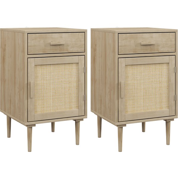 Lot De 2 Tables De Chevet Avec Placard Et éTagèRe Porte Rotin Tissé 1 Tiroir Design BohèMe - 40 X 40 X 68,5 Cm Naturel-image