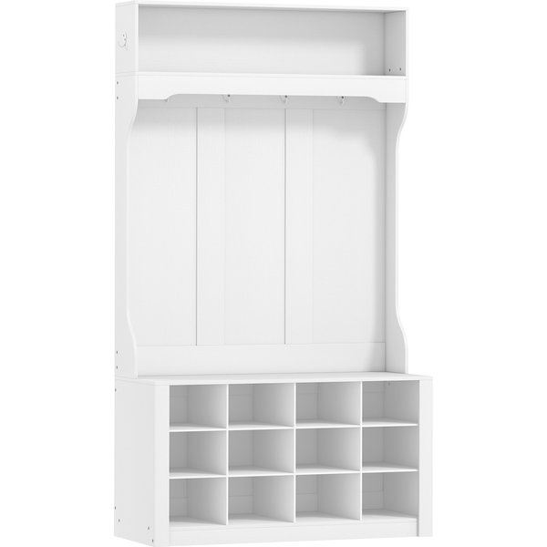 Homcom Porte-Manteau 4-En-1 Avec Banc, Banc D'entréE Avec 12 Compartiments à Chaussures, 6 Crochets Et ÉTagèRe Ouverte, Blanc-image