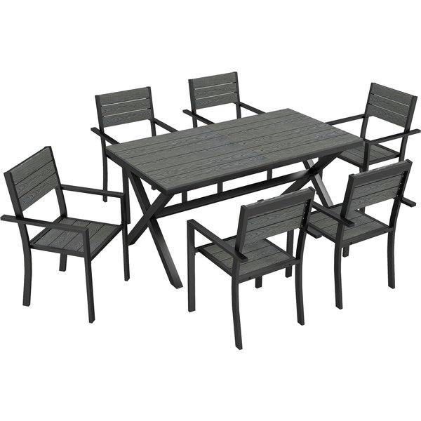 Outsunny Ensemble De Salle à Manger ExtéRieur 7 PièCes Pour 6 Personnes, Table Et Chaises Empilables Avec Lattes Effet Bois, Cadre En Aluminium, Gris-image