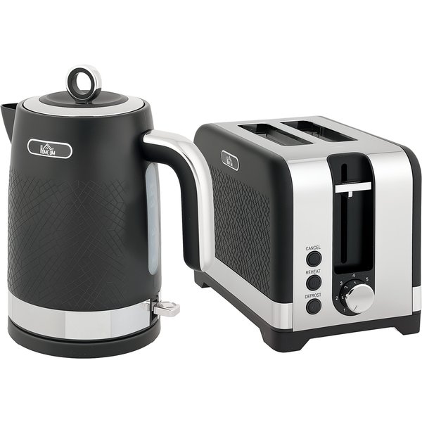 HOMCOM Wasserkocher- und Toaster-Set, 1,7 l 2200 W Schnellkoch-Wasserkocher mit Thermostat und Kalkfilter, 2-Scheiben-Toaster mit 7 Bräunungsstufen, Krümelschublade, Schwarz Aosom