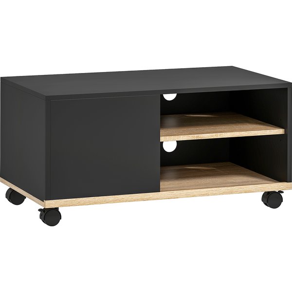 Homcom Meuble TV Sur Roulettes Avec 2 Freins - 2 Niches + Placard Porte 2 Passe-Fil - En Bois Noir ChêNe Clair-image