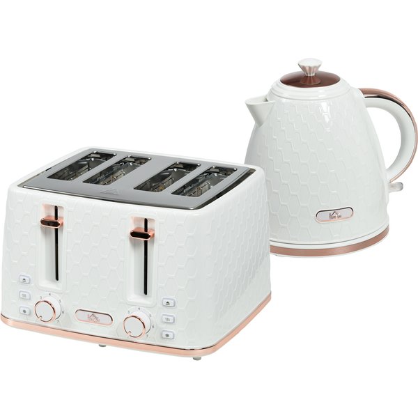 HOMCOM 1.7L 3000W Fast Boil Kettle & 4 Slice Toaster Set, Kettle and Toaster Set with 7 Browning Controls, Crumb Tray, White | Aosom Ireland