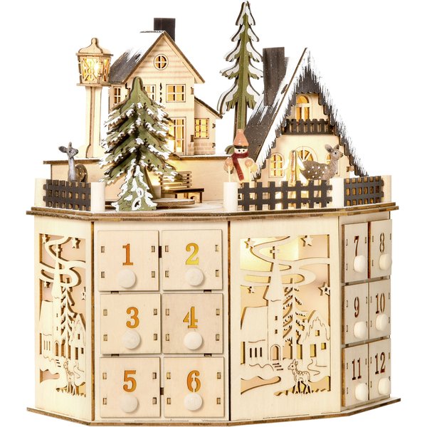 Homcom Calendrier De L'avent De NoëL RéUtilisable En Bois Avec LumièRes Led, 24 Tiroirs, ScèNe De Village, 25X20X29 Cm, Naturel-image