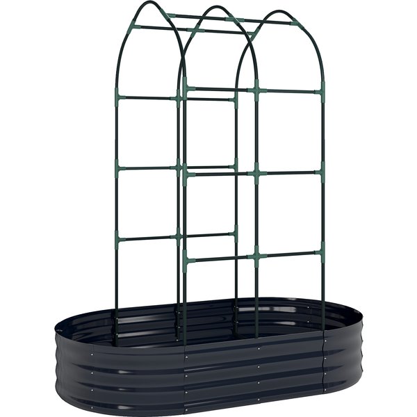 Outsunny Galvanised Raised Garden Bed with Arched Trellis, 5 x 3 x 6ft Metal Raised Bed for Garden with Open Bottom, Dark Grey