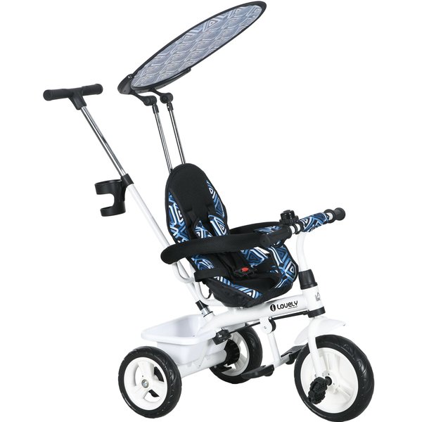 HOMCOM 4 in 1 Tricycle for Kids with 5-point harness straps, Removable Canopy, Blue Aosom UK
