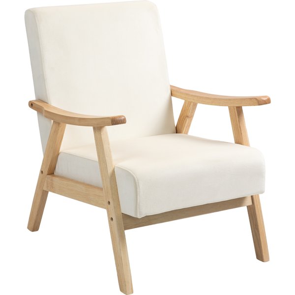 HOMCOM Sessel Wohnzimmer Nordisch Relaxsessel mit Armlehne, Sitzkissen, Gepolstert Loungesessel mit Holzrahmen, Armlehnensessel mit Samt-Optik, Polstersessel für Schlafzimmer Cremeweiß Aosom