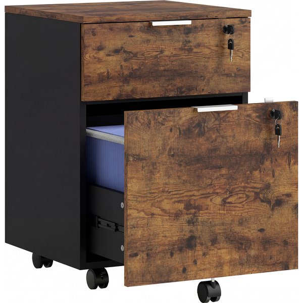 HOMCOM Two-Drawer Lockable Filing Cabinet - Black and Rustic Brown