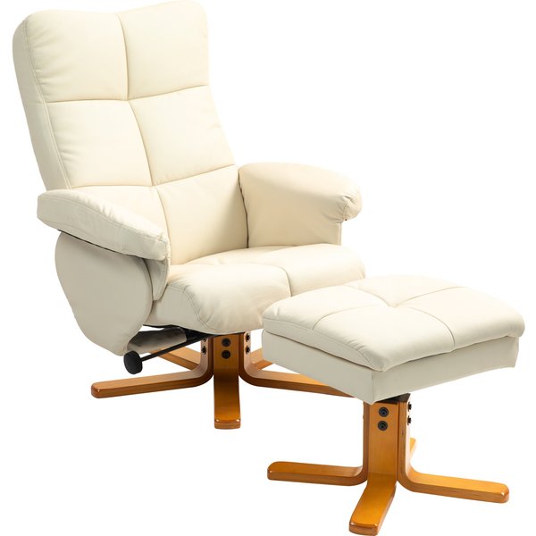 HOMCOM Relaxsessel mit Hocker, Stauraum, Gepolstert Fernsehsessel mit Liegefunktion, 360° Drehbar TV-Sessel für Schlafzimmer, Wohnzimmer, Kunstleder, Cremeweiß Aosom