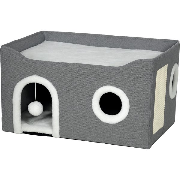 Pawhut Maison Pour Chats Pliable Avec Griffoir 3 EntréEs Boule Suspendue Coussin RéVersible En Peluche Et Tissu Type Lin 60X40X34 Cm Gris-image
