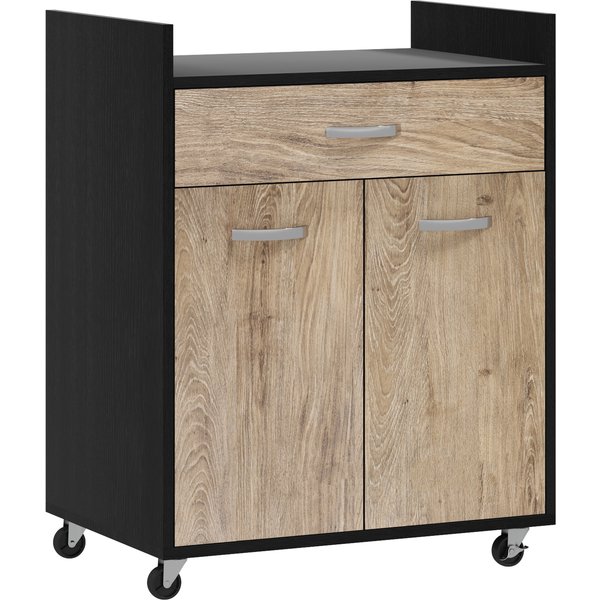 Homcom Chariot De Service Desserte De Cuisine à Roulettes Tiroir Placard 2 Portes éTagèRe En Bois Gris Effet Bois, Noir-image