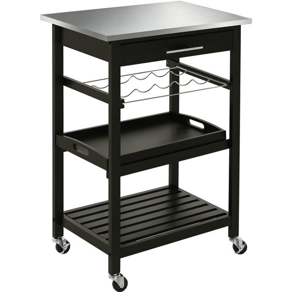 Homcom Desserte Cuisine Chariot De Service à Roulettes 2 éTagèRe + Tiroir + Casier à Vin + Plateau En Acier Mdf 60 X 40 X 85 Cm Noir-image