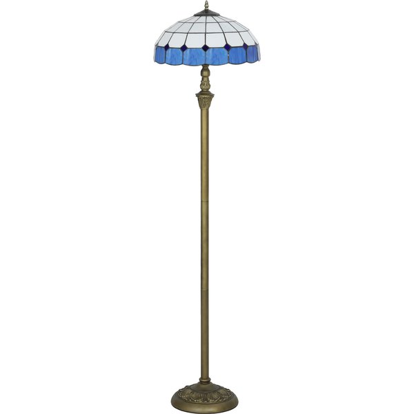 HOMCOM Tiffany-Style Floor Lamp with Handcrafted Stained Glass Shade, 152cm Tall Vintage Standing Lamp with Foot Switch and Dual Sockets for Living Room Bedroom, Bronze Tone and Blue