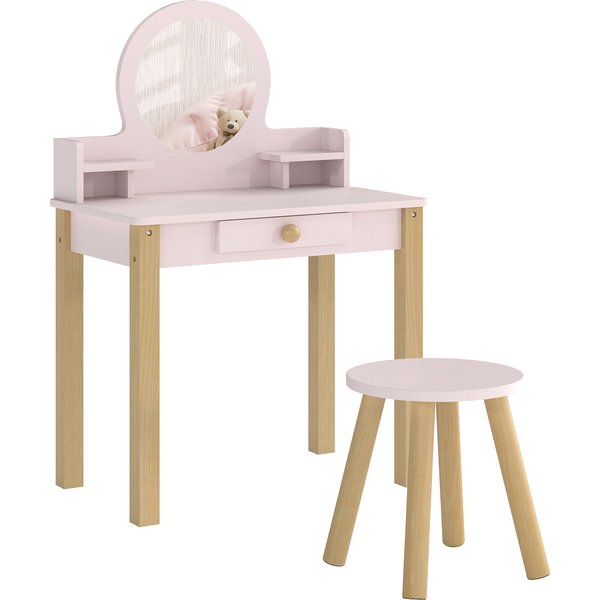 Aiyaplay Coiffeuse Enfant En Bois Avec Miroir Et Tabouret, Table De Maquillage Enfant Avec Tiroir Et éTagèRe, 3 à 6 Ans, Rose-image