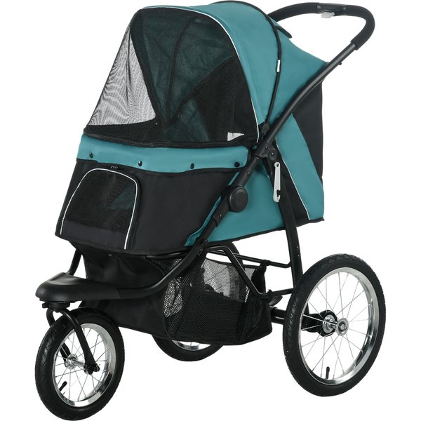 Pawhut Poussette Pour Chiens Pliante Avec Pare-Soleil, FenêTre En Filet, Panier De Rangement, Vert Foncé, 111 X 58 X 107 Cm-image