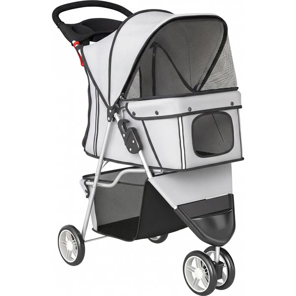 Pawhut Poussette Pour Chien 4 Roues, Chariot Pliable Avec Auvent RéGlable, Panier De Rangement, 77X44X102Cm, Gris-image