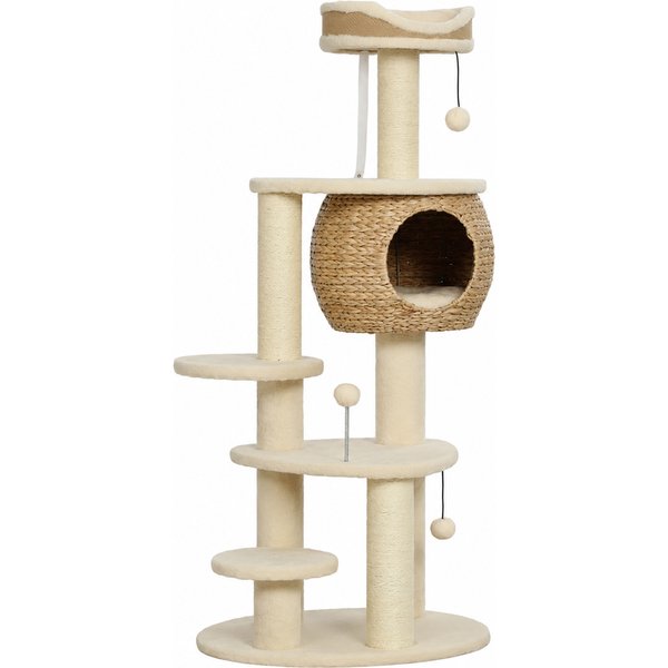 PawHut Kratzbaum Groß 132 cm hoch Katzenbaum mit Rohrkolben-Höhle Kratzstämmen Bett 3 Spielbällen Kippschutz, mehrstöckiger Katzenkratzbaum für 1-2 Katzen unter 6 kg Beige Aosom