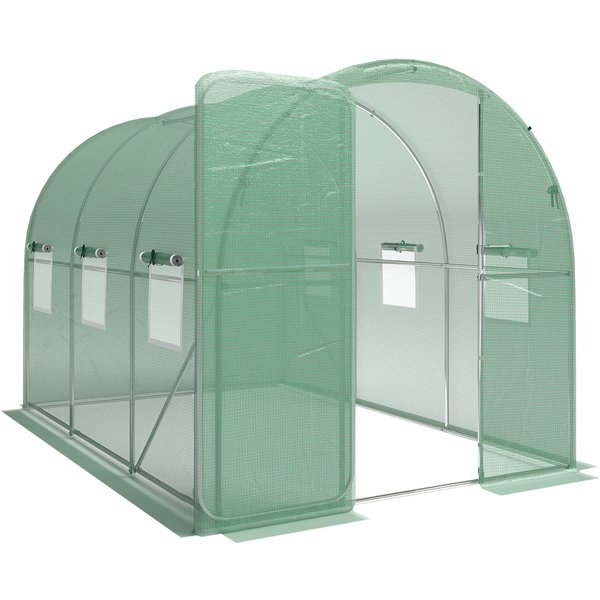 Outsunny Serre Tunnel De Jardin 6M², Serre De Jardin Tunnel 200X300X200Cm Porte Et 8 FenêTres, BâChe Pe 140 G/M² Vert-image