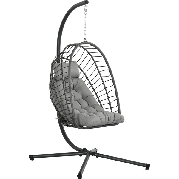 Outsunny Outdoor PE Rattan Swing Chair with Thick Padded Cushion, Foldable Basket Patio Hanging Chair with Metal Stand, Headrest