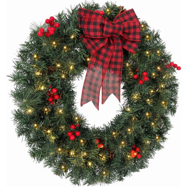 Homcom Couronne De NoëL Ø60 Cm Avec LumièRes LED 8 Modes, NœUd, 140 Branches, Pommes De Pin Et Baies, Couronne De NoëL, Vert-image
